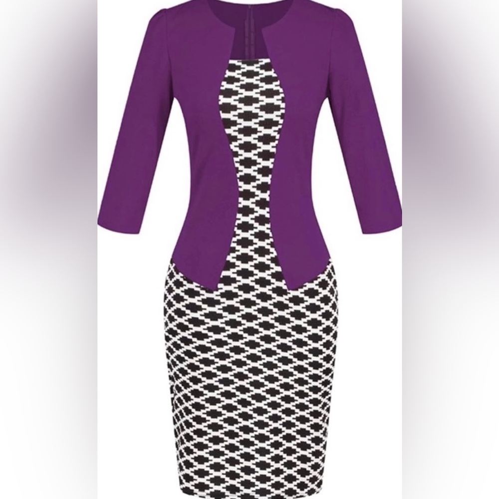 Liva Girl Purple Patterned Business Casual Work One-Piece Bodycon Dress - S